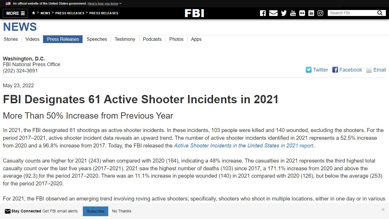 FBI Designates 61 Active Shooter Incidents in 2021 — FBI